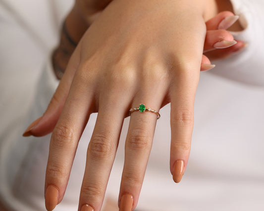 14K Yellow Solid Gold Ring ,Multi Stone Ring ,Oval Cut Emerald with Tiny Diamond Ring