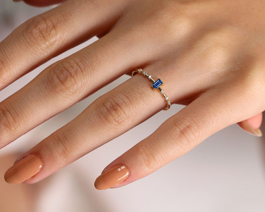 14K Yellow Solid Gold Ring ,Multi Stone Ring ,Baguette Cut Sapphire with Diamond