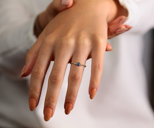 14K Yellow Solid Gold,Multi Stone Ring,Baguette Cut Sapphire-Diamond Ring,Dainty Gold