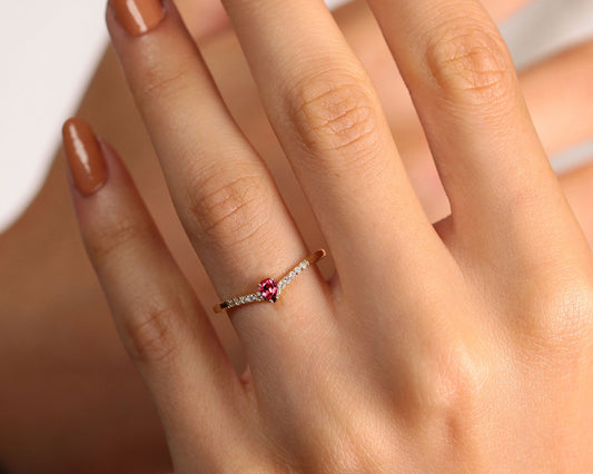 14K Yellow Solid Gold Ring,Chevron Shank Ring,Pear Cut Ruby Ring,Half Eternity