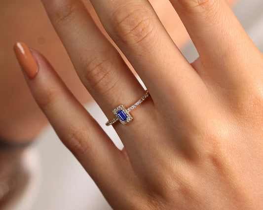 14K Yellow Solid Gold,Multi Stone Ring,Baguette Cut Sapphire and Diamond Ring
