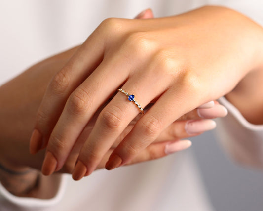 14K Solitaire Gold Ring,Engagement Ring,Pear Cut Sapphire Ring,Tiny Diamond Ring
