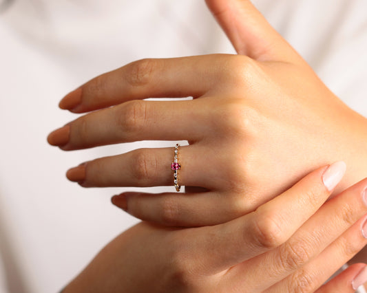 14K Solitaire Gold Ring,Engagement Ring,Pear Cut Ruby Ring,Tiny Diamond Ring