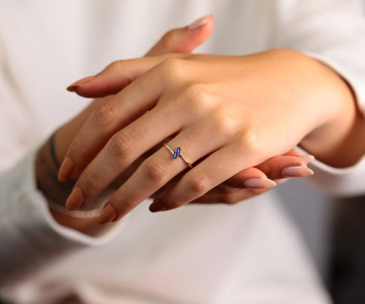 14K Yellow Solid Gold Ring,Marquise Cut Sapphire Ring with Diamond,Multi Stone Ring