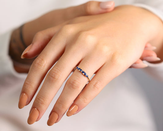 14K Yellow Solid Gold Ring,Straight Shank Ring,Marquise Cut Sapphire Ring with Diamond