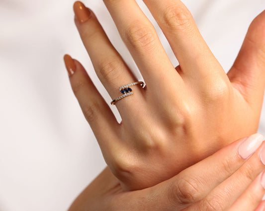 14K Yellow Solid Gold Ring,Marquise Cut Sapphire Ring,Half Eternity Diamond Ring