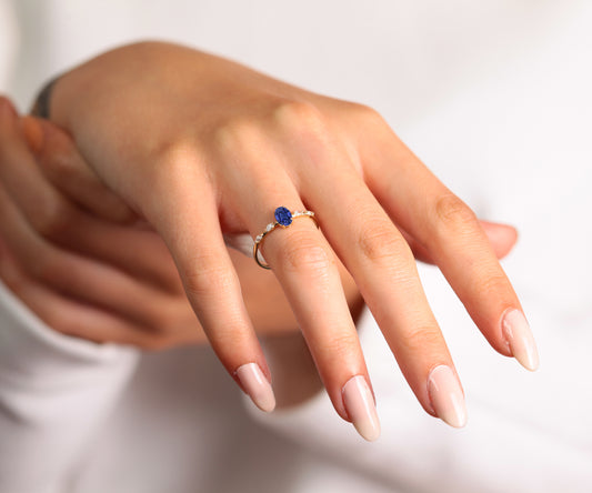 14K Yellow Solid Gold Ring ,Multi Stone Ring ,Oval Cut Sapphire with Marquise Diamond