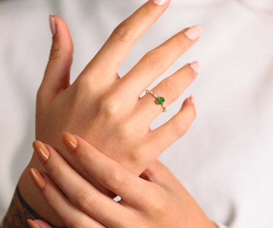 14K Yellow Solid Gold Ring ,Multi Stone Ring ,Oval Cut Emerald with Marquise Diamond