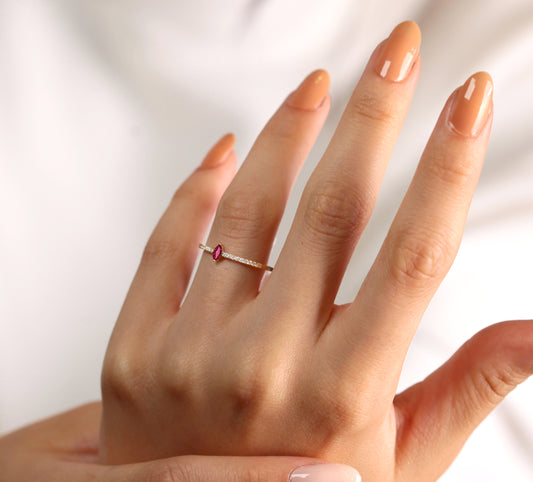 14K Yellow Solid Gold Ring,Straight Shank Ring,Marquise Cut Ruby Ring,Half Eternity