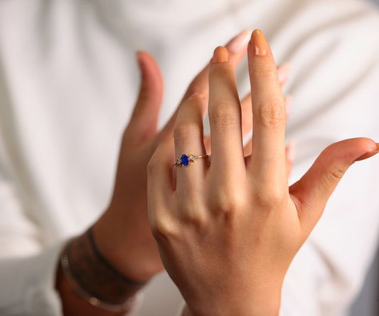 14K Yellow Solid Gold Ring ,Multi Stone Ring ,Oval Cut Sapphire with Bezel Set Diamond