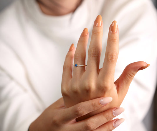 14K Yellow Solid Gold Ring,Straight Shank Ring,Marquise Cut Sapphire Ring