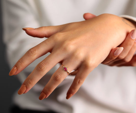 14K Yellow Gold Ring,Straight Shank Engagement Ring,Marquise Cut Ruby Ring