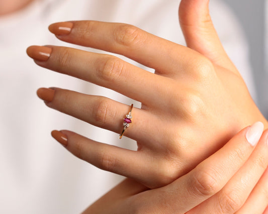 14K Yellow Solid Gold Ring,Straight Shank Ring,Marquise Cut Ruby Ring,Multi Stone