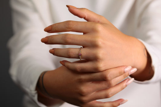 14K Yellow Solid Gold,Multi Stone Ring,Baguette Cut Ruby and Diamond Ring,Dainty Ring