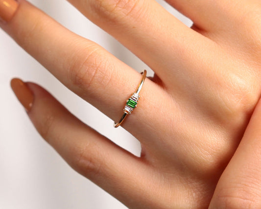 14K Yellow Solid Gold Band,Multi Stone Ring,Baguette Cut Emerald and Diamond Ring