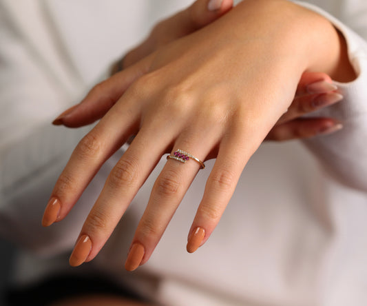 14K Yellow Solid Gold,Multi Stone Ring,Round Cut Ruby and Diamond Ring
