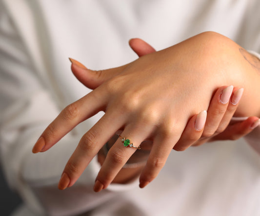 14K Yellow Solid Gold Ring ,Multi Stone Ring ,Oval Cut Emerald with Bezel Set Diamond