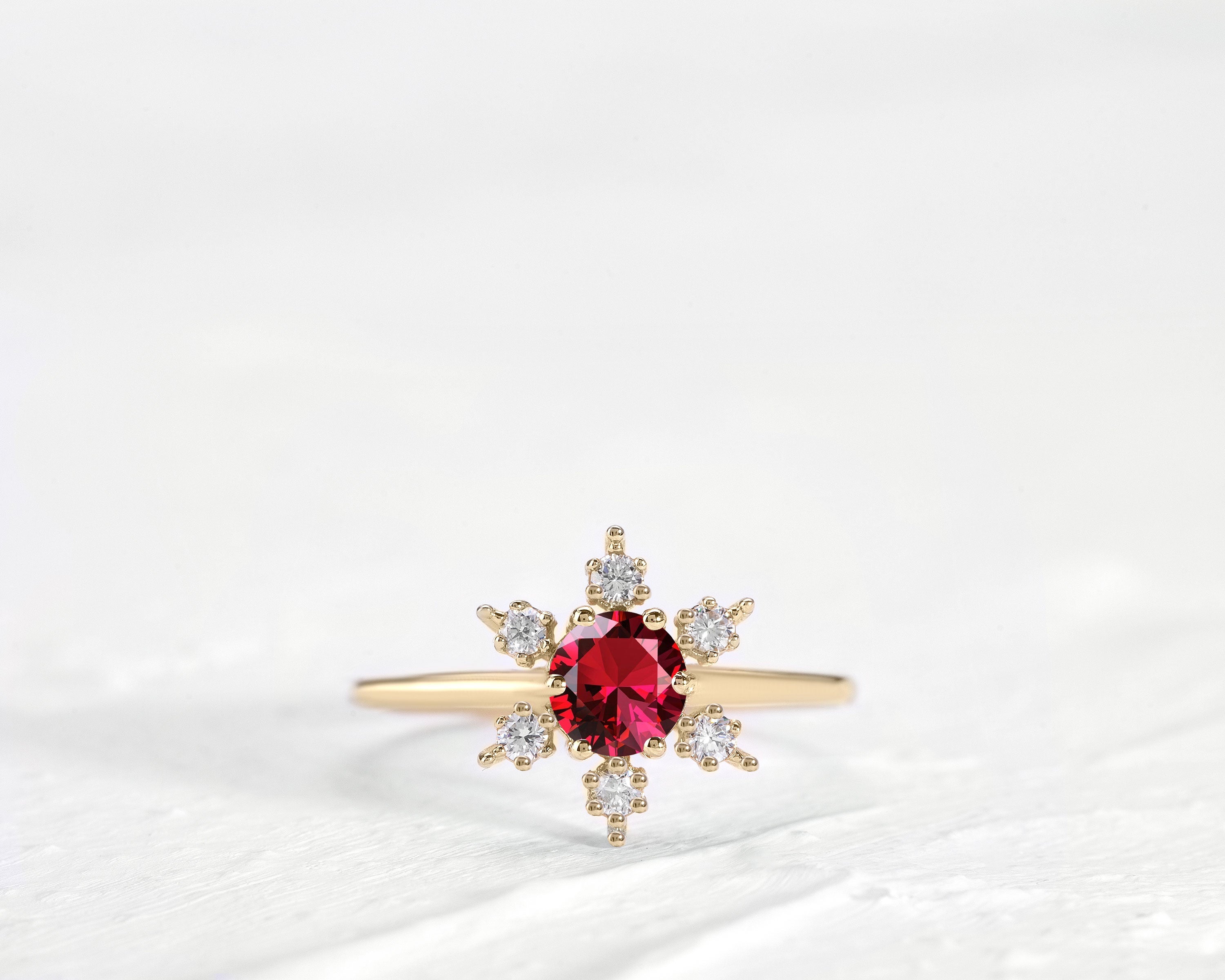 Straight Shank Snow Flake Ring, Rose Cut Ruby with Diamond