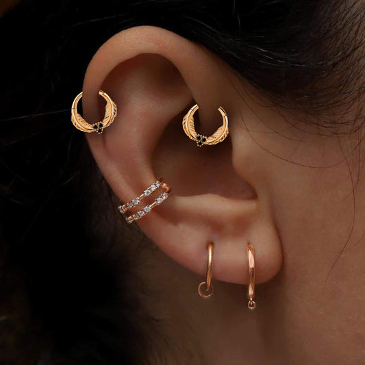 Cartilage Hoop,Leaf Design Black Diamond Clicker Piercing,14K Yellow Solid Gold,16G(1.2mm)