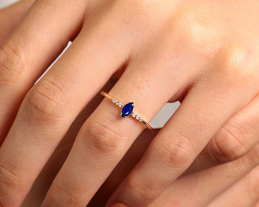 14K Yellow Solid Gold Ring,Marquise Cut Sapphire Ring,Tiny Diamond Ring,Multi Stone