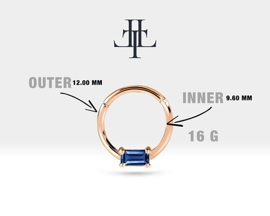 Cartilage Hoop Baguette Cut Sapphire Clicker,Single Earring,14K Yellow Solid Gold