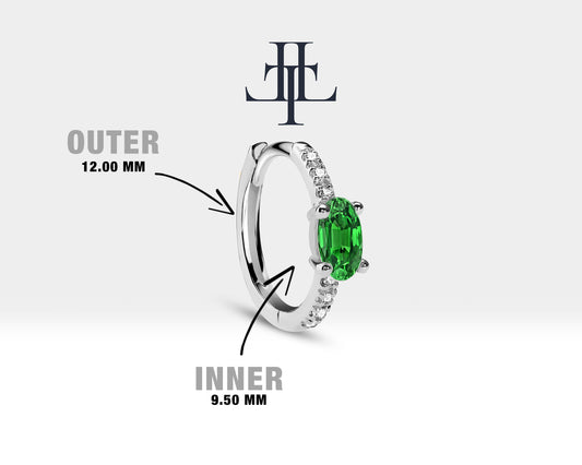 Huggie Hoop Earring , Oval Cut Emerald and Diamond Design Earring , 14K Yellow Solid Gold