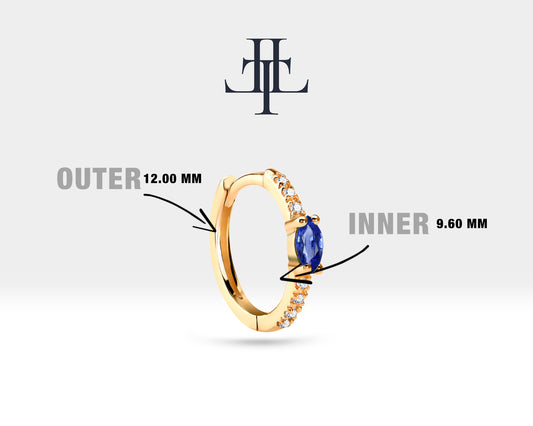 Huggie Hoop Earring , Marquise Cut Sapphire and Diamond Earring , 14K Yellow Solid Gold