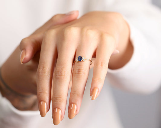 14K Yellow Solid Gold,Multi Stone Ring,Oval Cut Sapphire with Marquise Diamond Ring