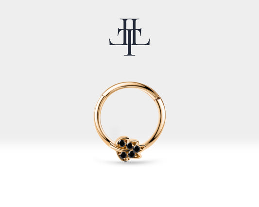 Cartilage Hoop,Round Cut Black Diamond Leafy Design Clicker,Single Earring,14K Gold