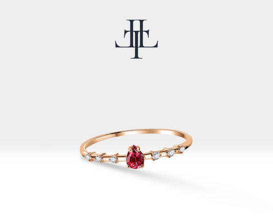 14K Solitaire Gold Ring,Engagement Ring,Pear Cut Ruby Ring,Tiny Diamond Ring