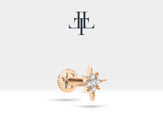 Cartilage Tragus Star Design Piercing Diamond 14K Solid Gold