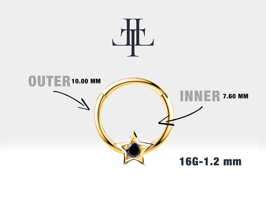 Cartilage Hoop,Round Cut Black Diamond Star Clicker,Single Earring,14K Solid Gold,16G