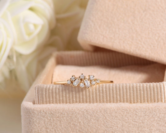 Ring with Cross Shaped Baguette and Round cut Diamond with Shining Design 14K Gold