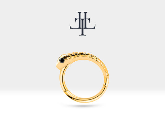 Cartilage Hoop Snake Design Black Diamond Clicker Piercing,14K Yellow Solid Gold,16G(1.2)