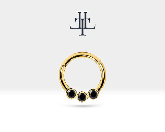 Cartilage Hoop,Trio Pieces Round Cut Black Diamond Clicker,Single Earring,14K Gold,16G(1.2mm)