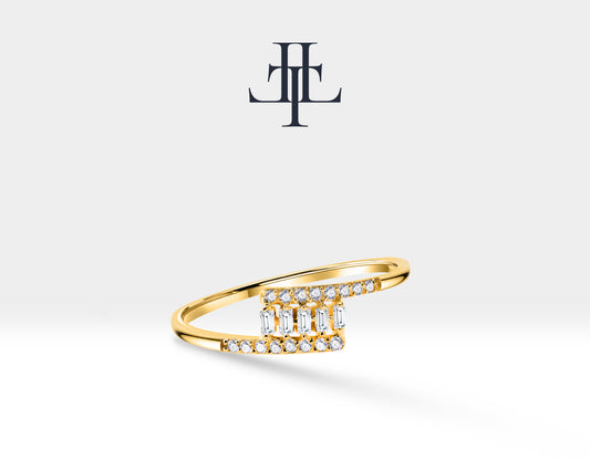 14K Yellow Solid Gold,Multi Stone Ring,Baguette and Round Diamond Ring