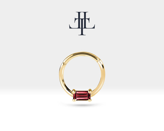 Cartilage Hoop Baguette Cut Ruby Clicker,Single Earring,14K Yellow Solid Gold