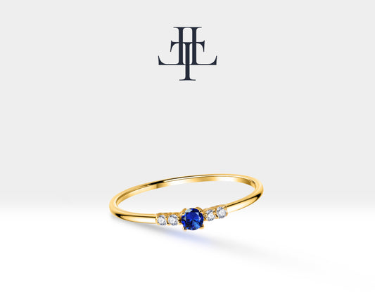 14K Yellow Solid Gold Band,Multi Stone Ring,Round Cut Sapphire and Diamond Ring