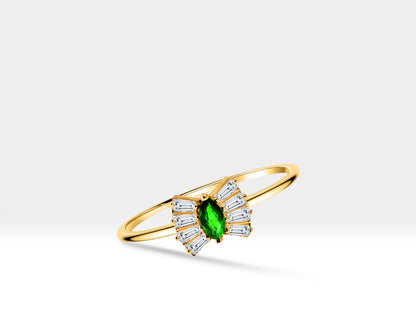 14K Yellow Solid Gold Band,Multi Stone Ring,Marquise Cut Emerald and Baguette Diamond