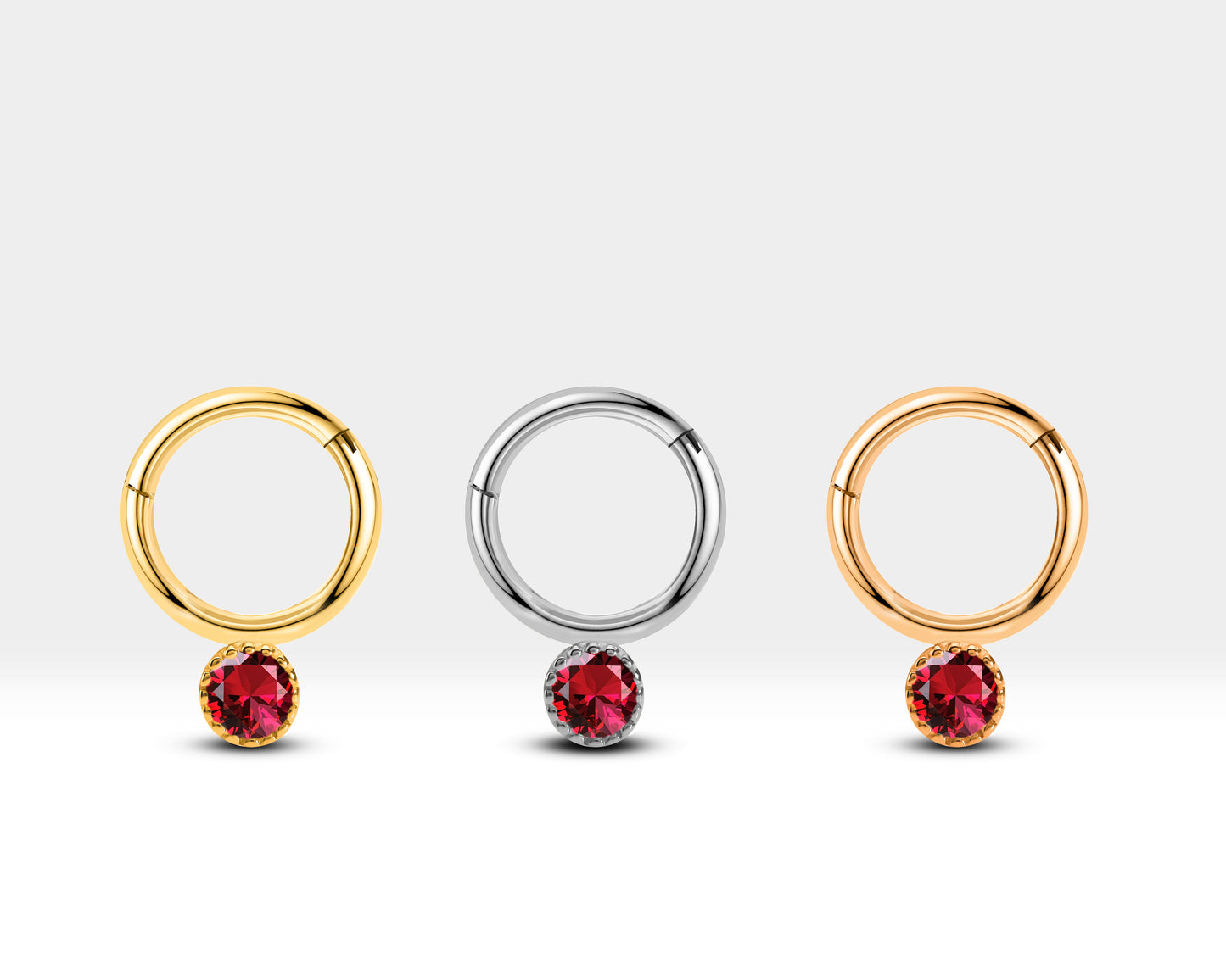 Tragus Hoop Clicker Piercing with Red Ruby in 14K Solid Gold Helix Hoop | 10 mm Outer