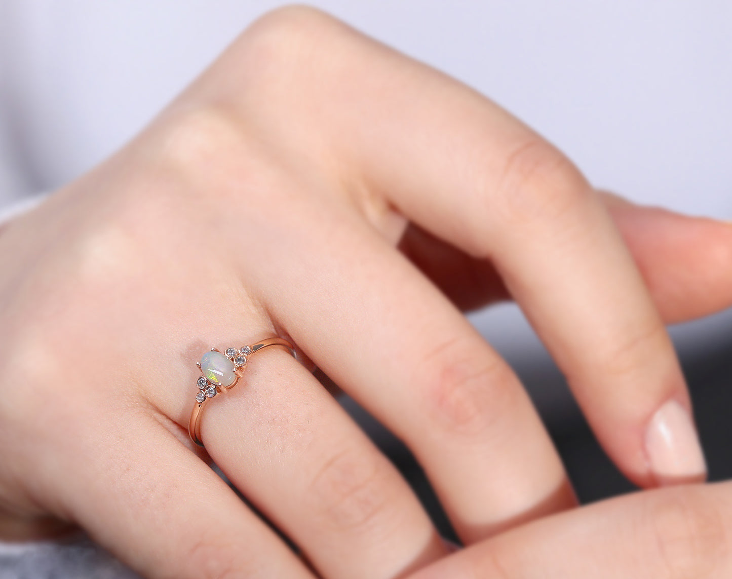 Oval Opal and Diamond Rose Gold 14K Handmade Minimal Ring