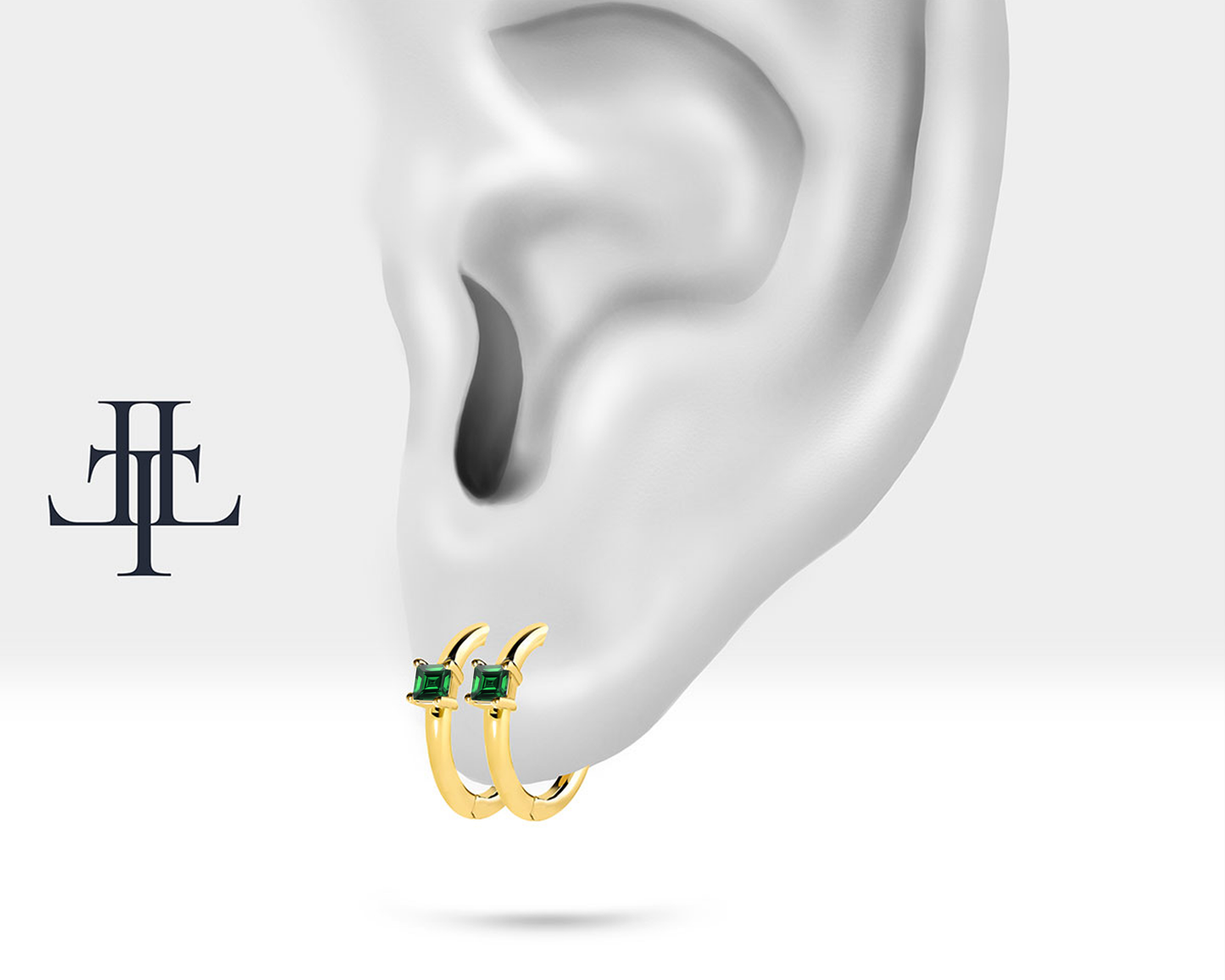 Cartilage Hoop with Princess Cut Emerald Earring in 14K Yellow Solid Gold Earlobe Earring 12mm