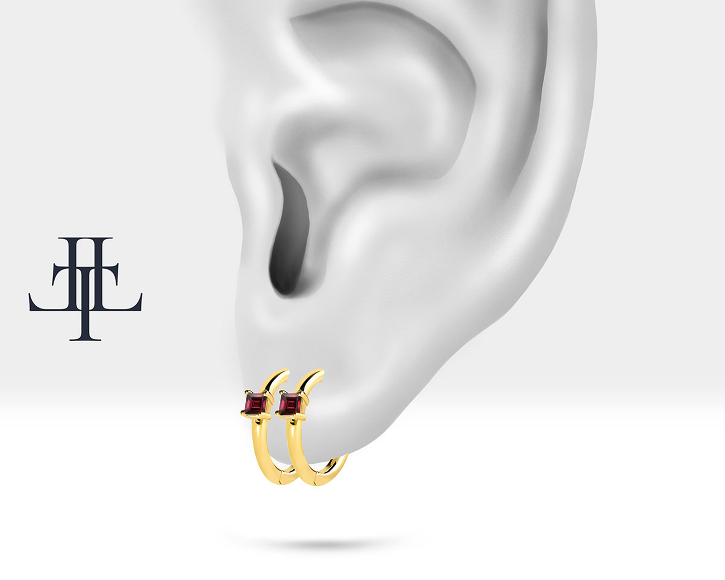 Huggies Hoop with Princess Cut Ruby Earring in 14K Yellow-White-Rose Solid Gold Earlobe Earring 12mm