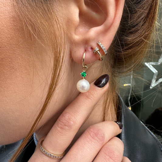 Bridal Jewelry with Round Cut Emerald Earrings in 14K Solid Gold Dangle Hoop Pearl Earrings for Women Wedding Jewelry
