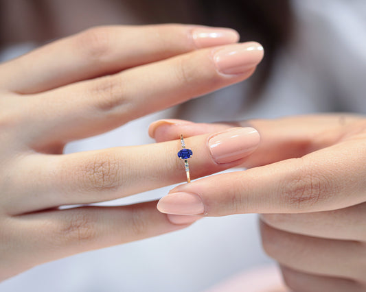 Dainty Ring, Oval cut Sapphire with 4 Diamonds, 14K Gold | LR00058DS