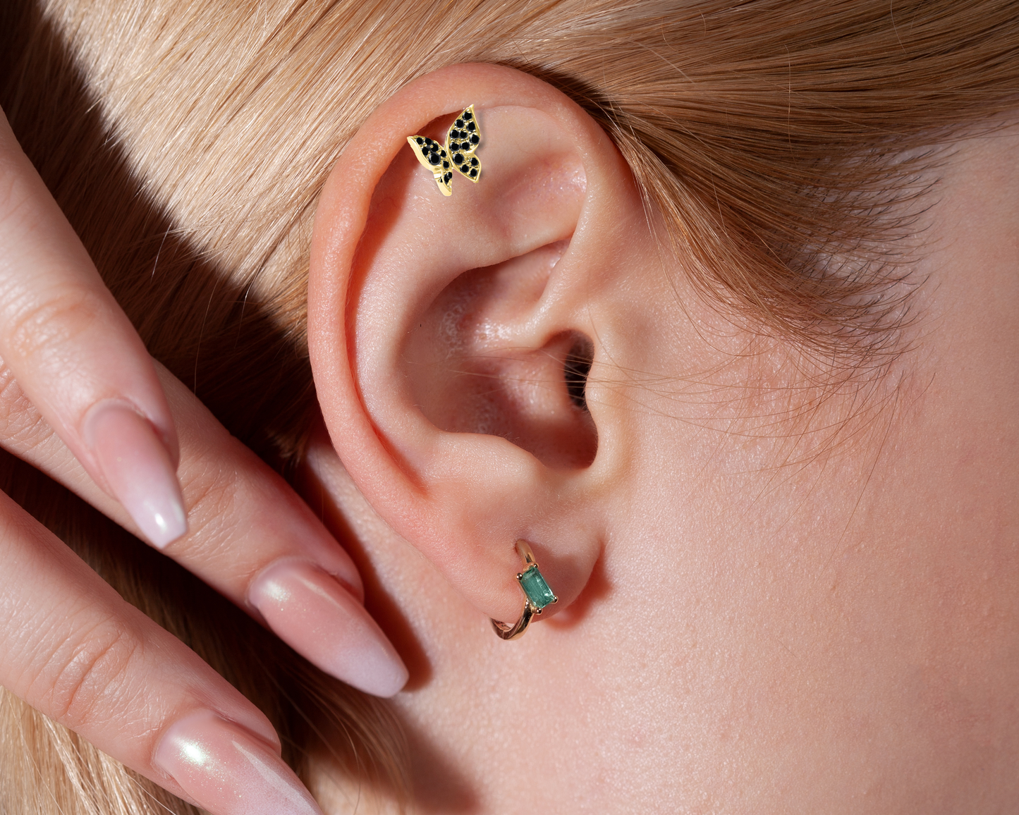 Butterfly Design Piercing with Black Diamond in 14K Yellow Solid Gold Tragus Piercing 8mm Bar Length 16G