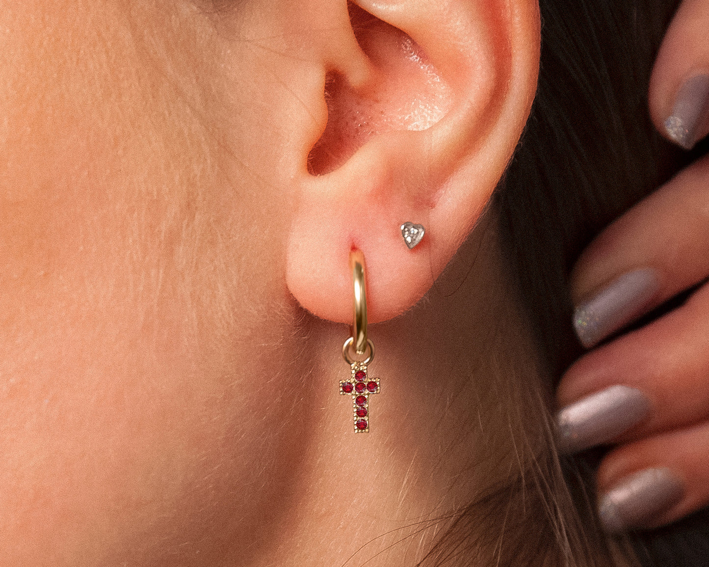 Ruby Dangling Cross Eardrops Earring