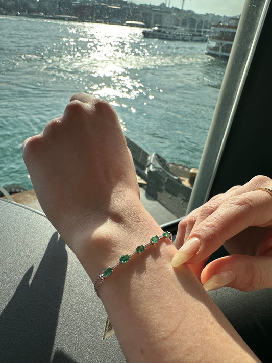 Dainty Everyday Bracelet with Oval cut Emerald and Tiny Diamond Bracelets in 14K Solid Gold Bracelet for Women