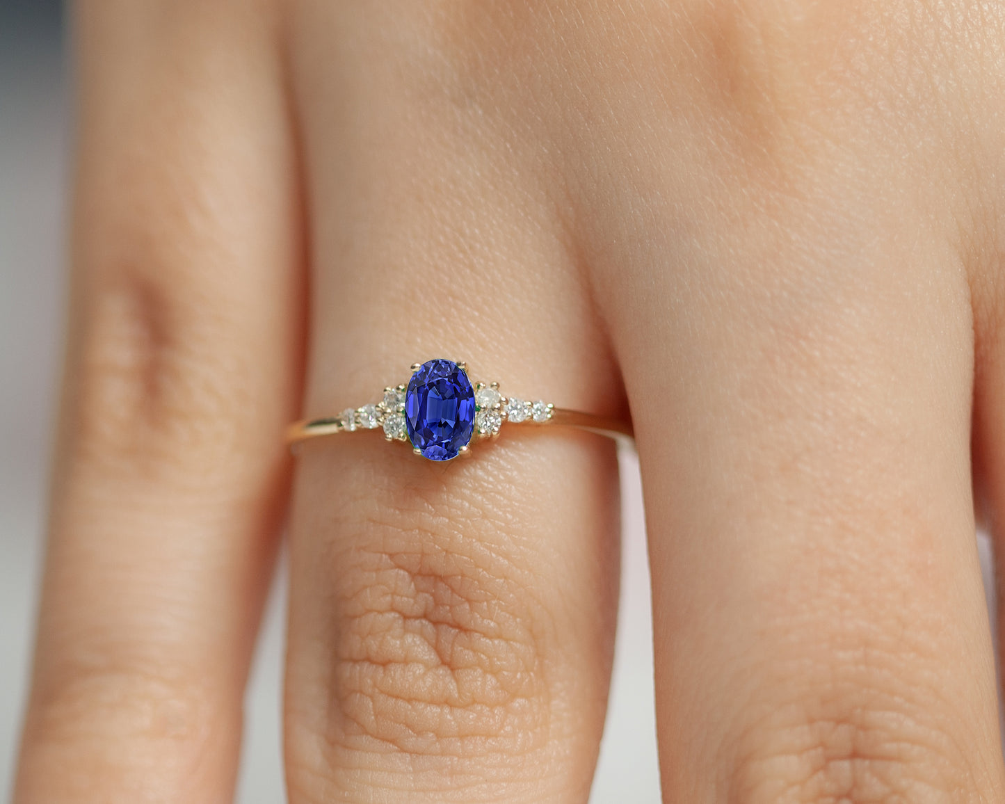 Sapphire Oval Cut with Sprinkled Diamonds 14K Solid Yellow Gold Ring | LR00054DS