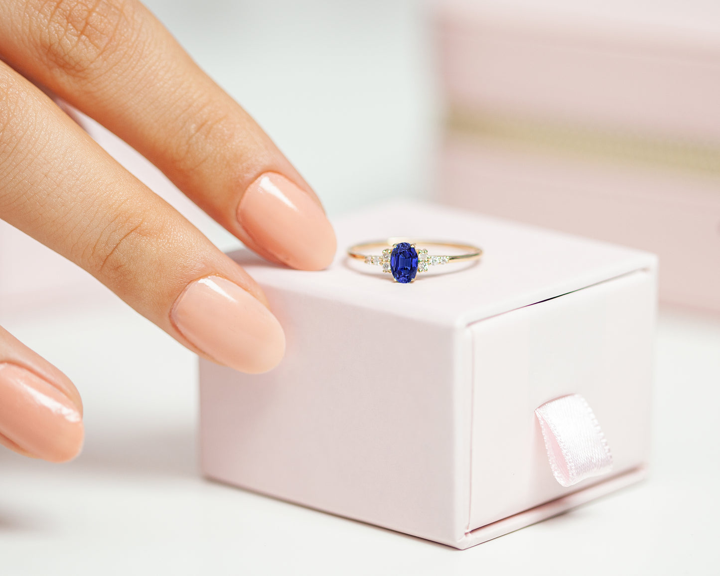 Sapphire Oval Cut with Sprinkled Diamonds 14K Solid Yellow Gold Ring | LR00054DS